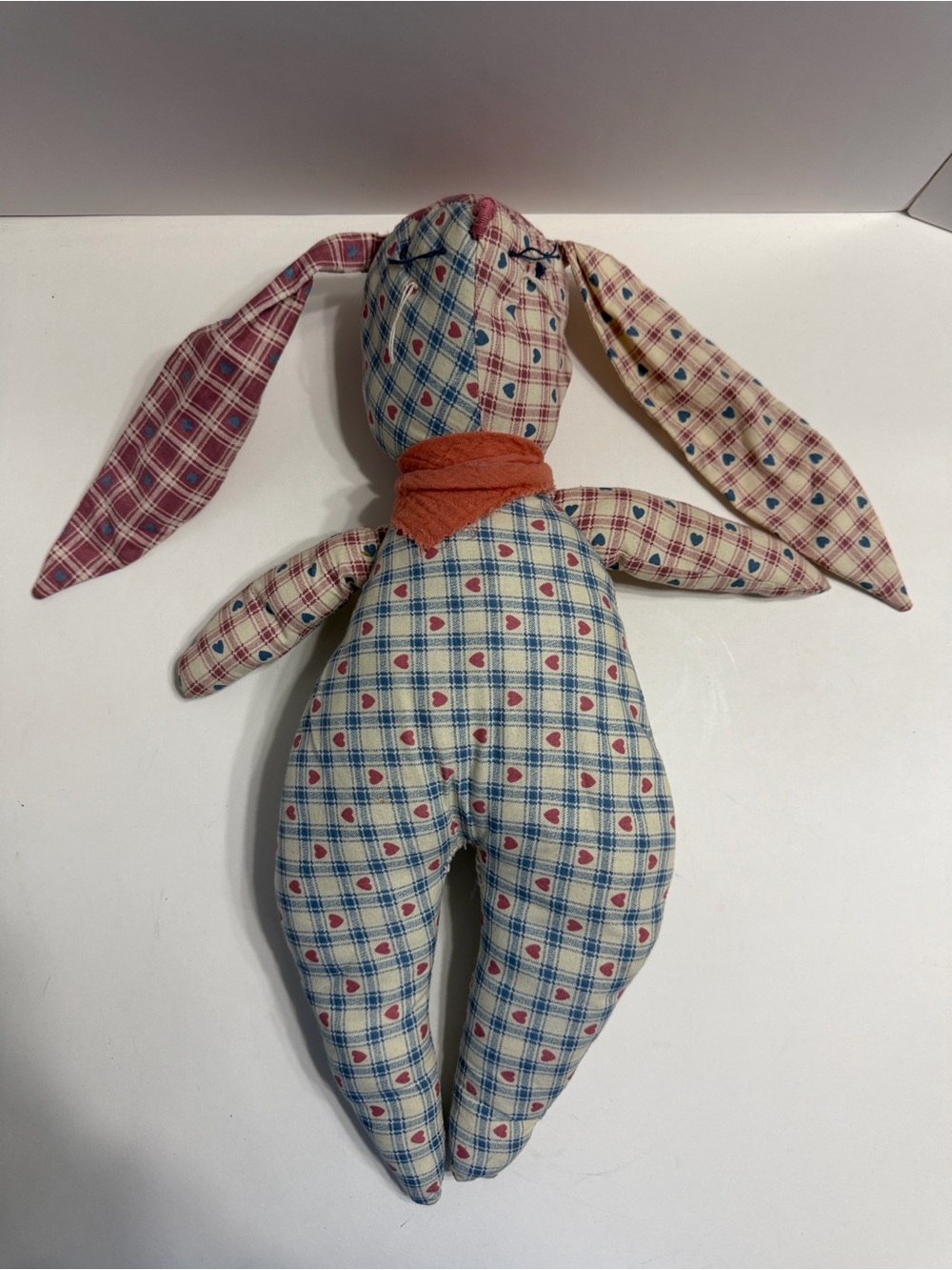 Handmade Vintage Plaid Heart Bunny Plush Toy - Cream, Blue & Pink